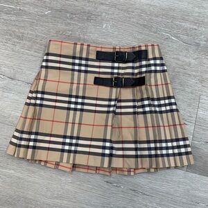 Burberry Beige Plaid Pleated Skirt with Buckle Straps